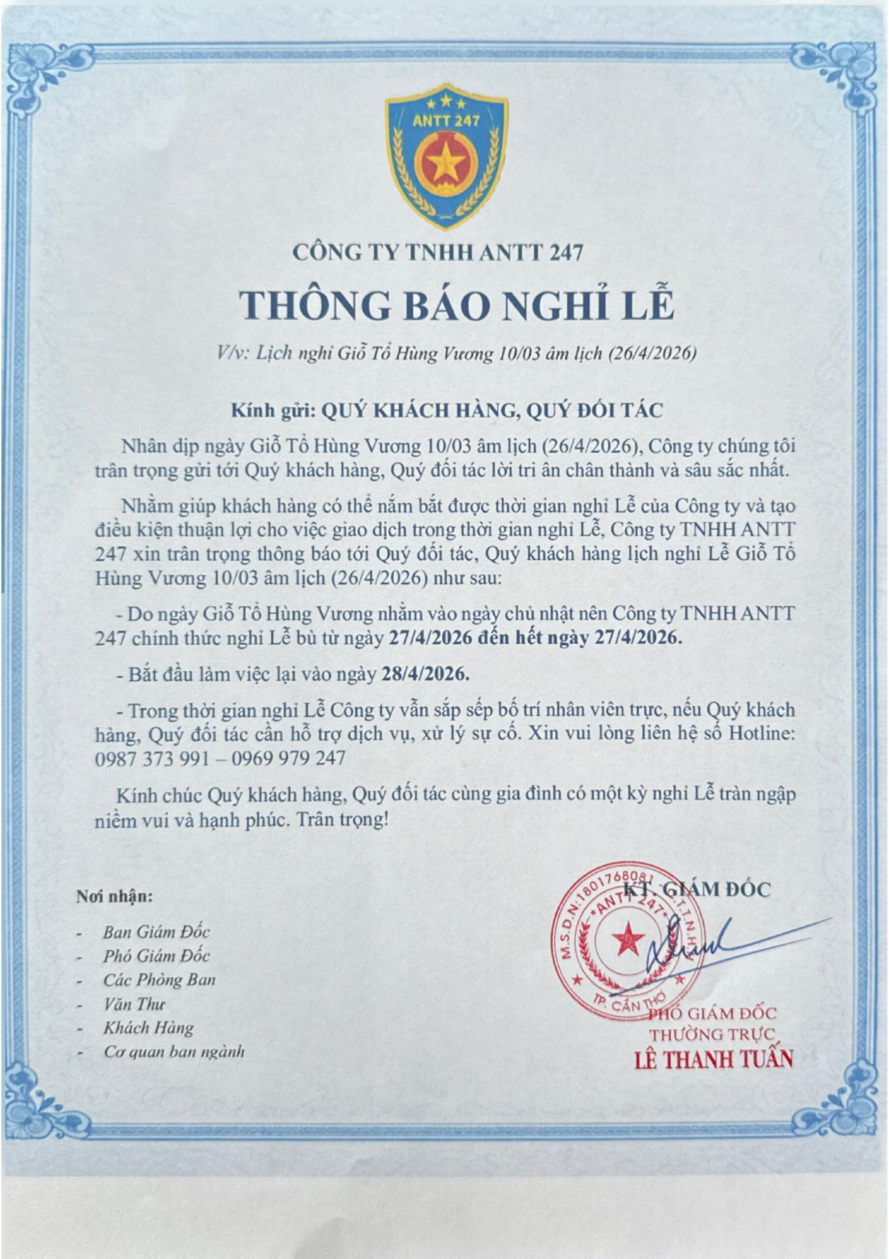 Thông Báo Nghỉ Lễ Giỗ Tổ Hùng Vương