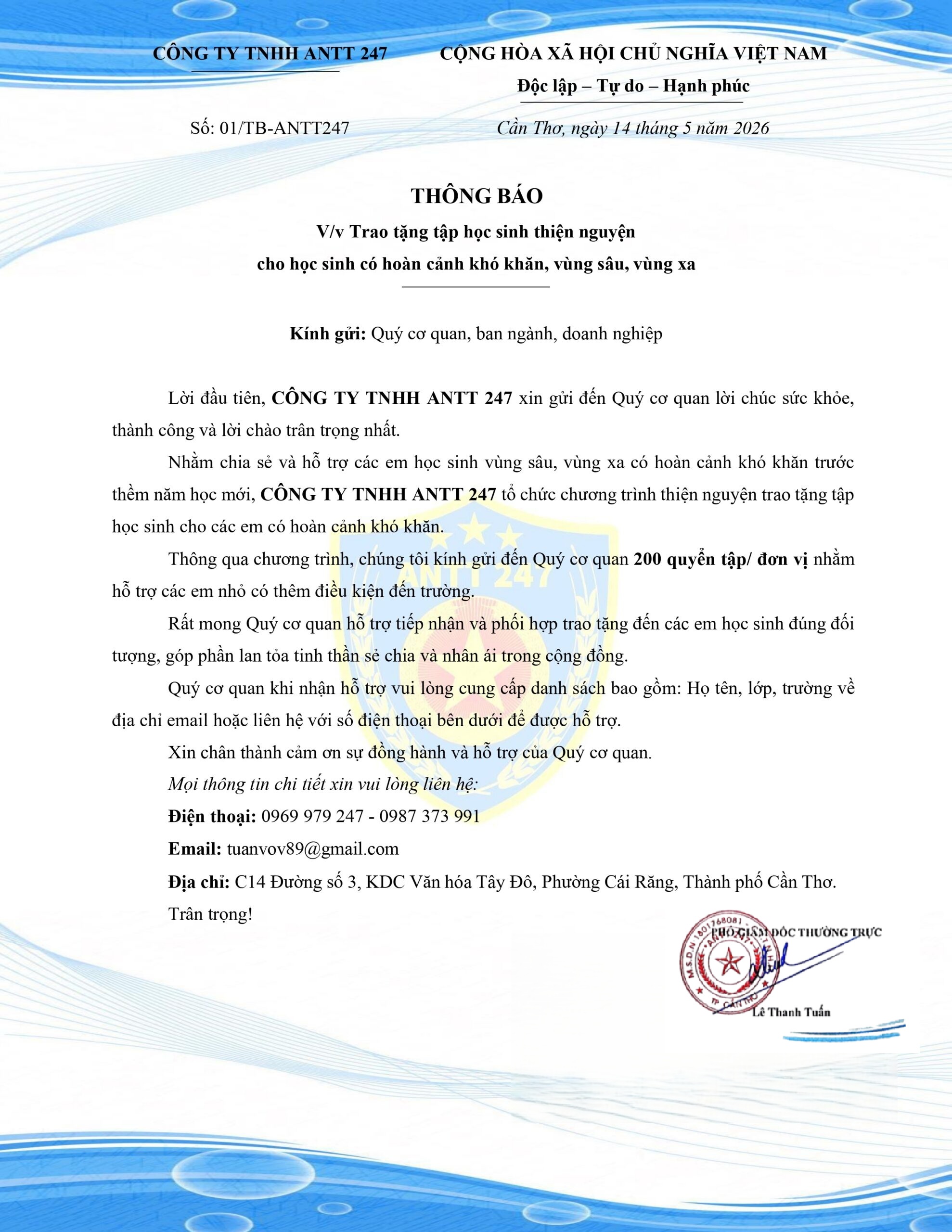 Thông Báo Trao Tặng Tập Học Sinh Thiện Nguyện