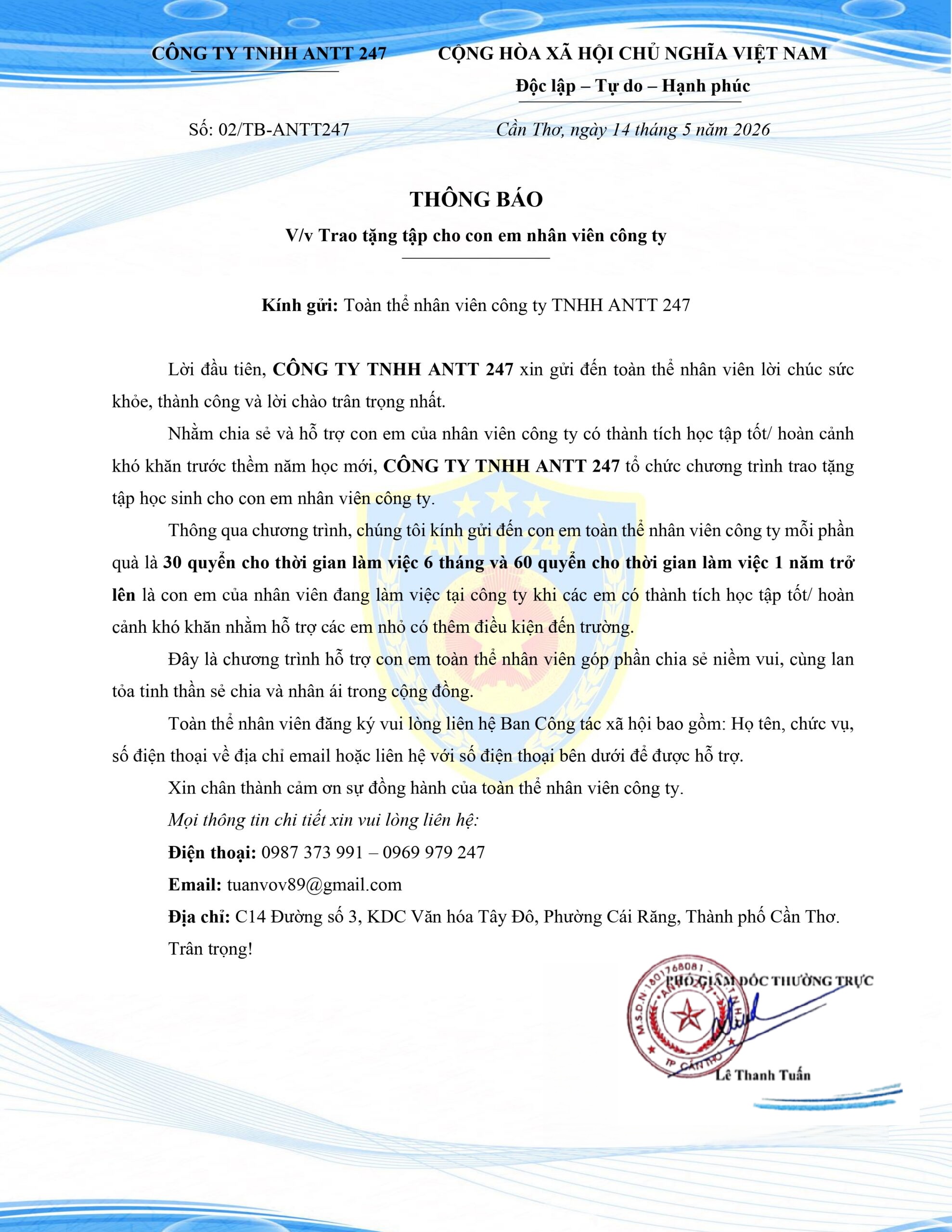 Thông Báo Trao Tặng Tập Cho Con Em Nhân Viên Công Ty